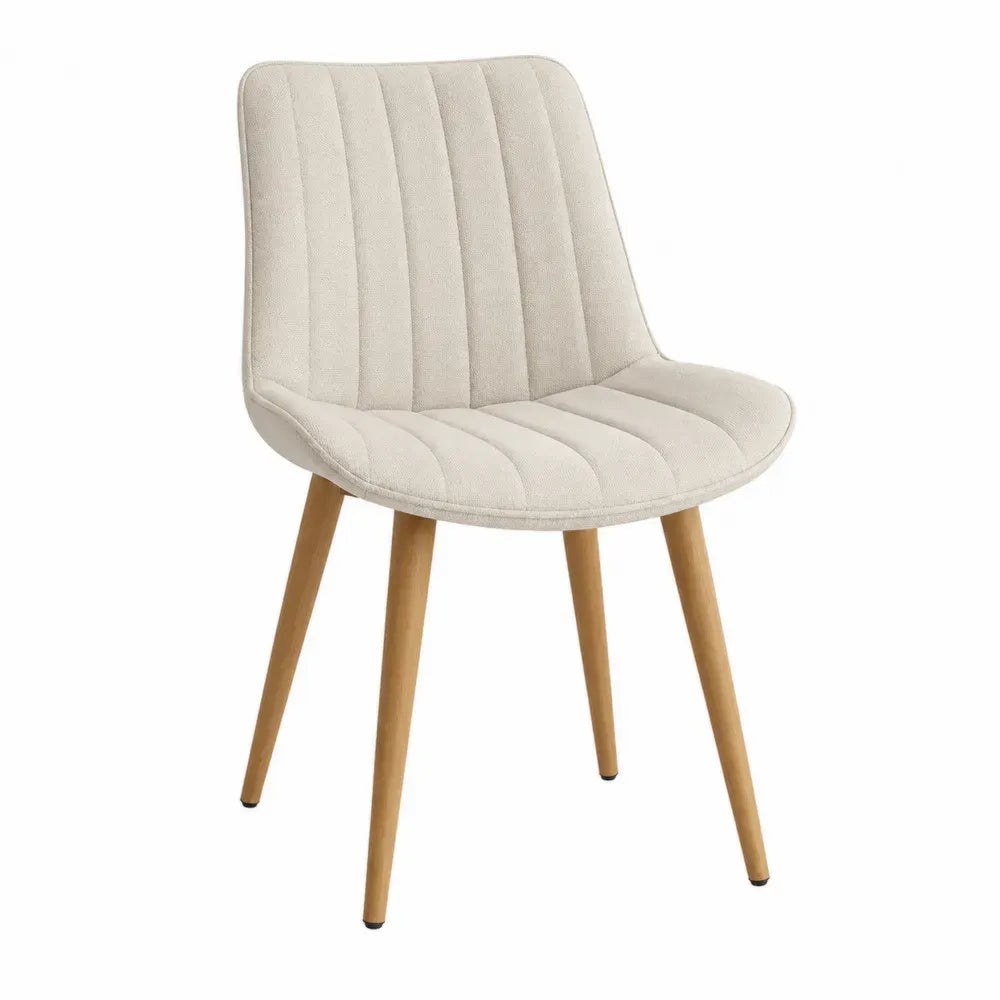 Silla tapizada en tela beige con respaldo acanalado y patas de madera de haya natural 48 x 55 x 82 cm