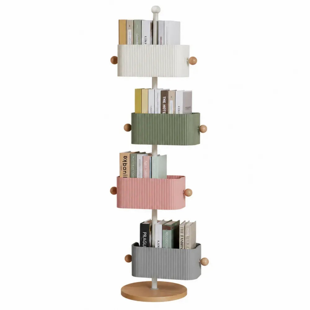Estantería giratoria de libros de MDF y acero con 4 niveles bandejas multicolor 160 cm x 40 cm x 40 cm blanco verde rosa gris madera natural