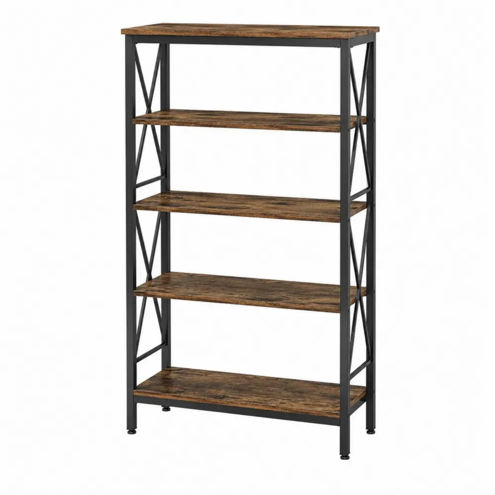 Estantería librería rectangular de 5 niveles con estructura de acero negro y baldas MDF marrón madera 80 cm x 30 cm x 180 cm