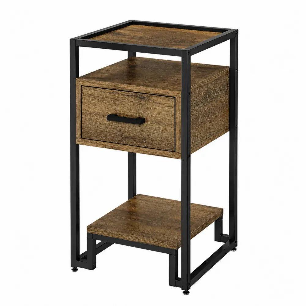 Mesita de noche rectangular con cajón y estante de tablero de partículas efecto madera marrón y acero negro 45 x 35 x 70 cm