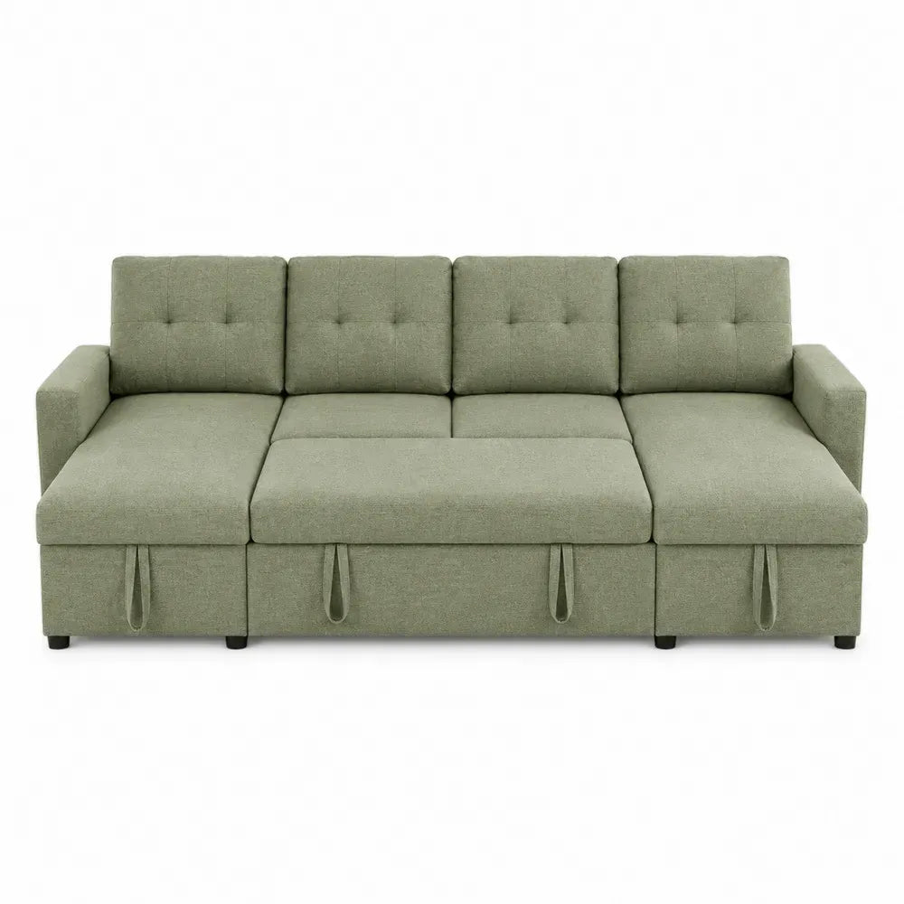 Sofá cama modular de 4 plazas tapizado en poliéster verde oliva con almacenamiento inferior 300 x 100 x 85 cm