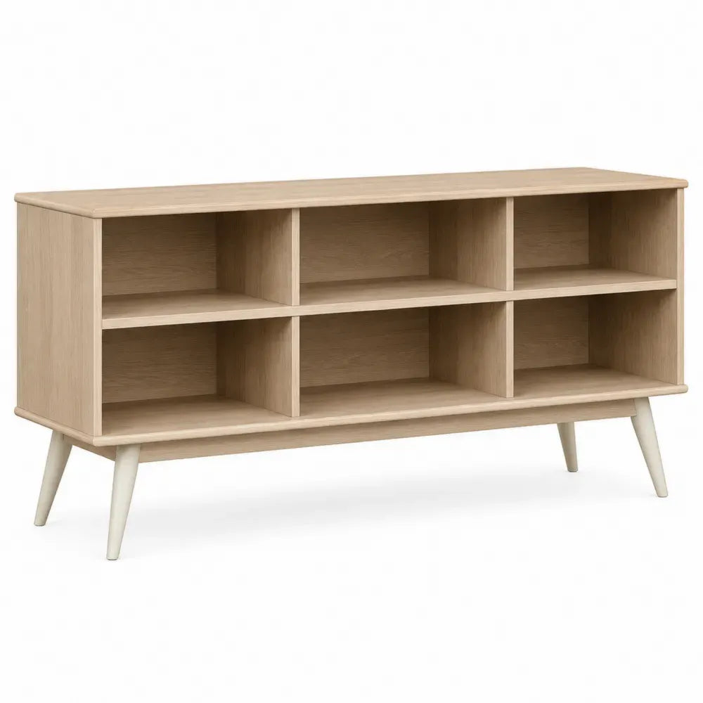 Estantería baja de 6 compartimentos MDF efecto roble con patas de madera blanca 130 cm x 40 cm x 65 cm