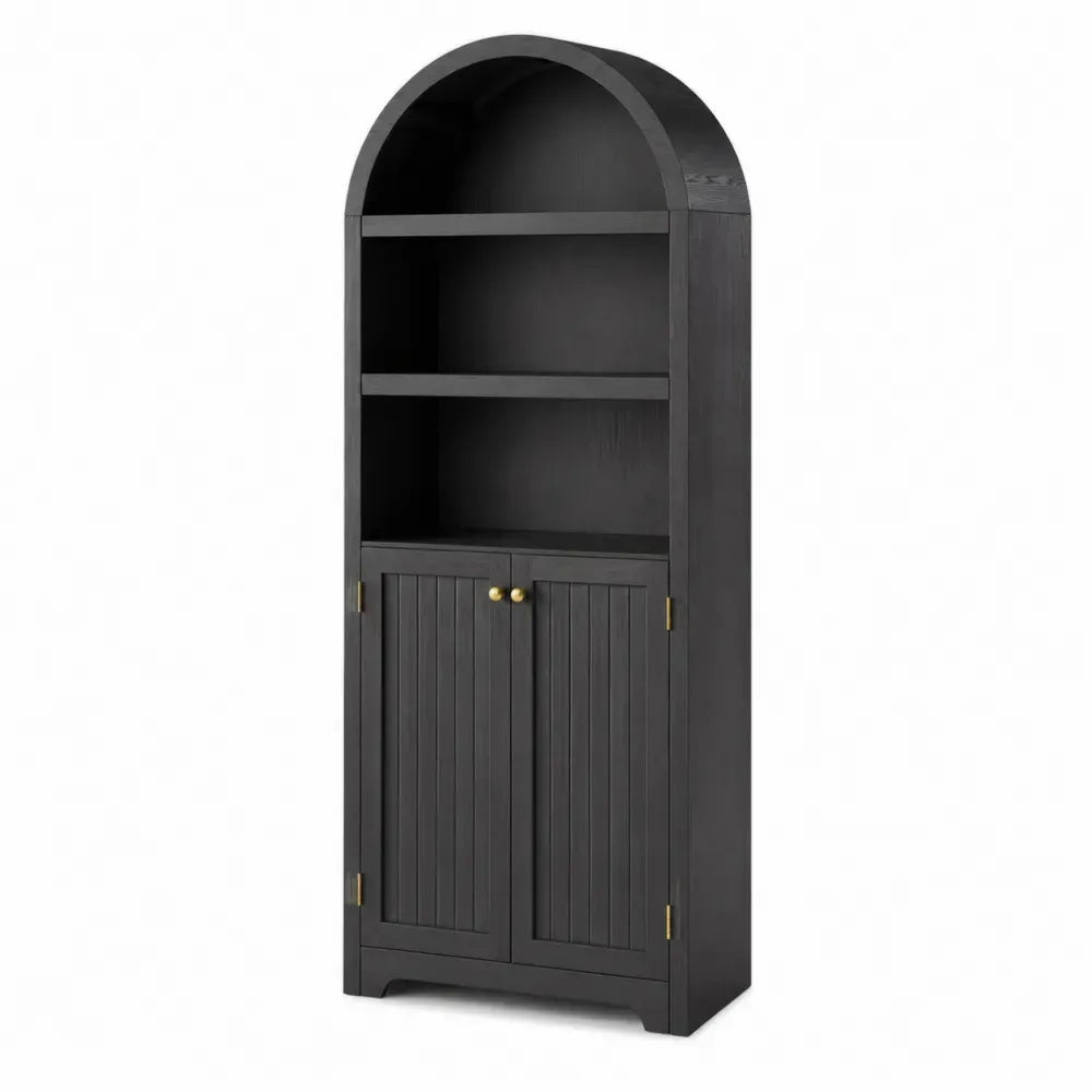 Librería con armario inferior de MDF acabado negro con estantes abiertos diseño arqueado 80 cm x 35 cm x 180 cm negro madera natural