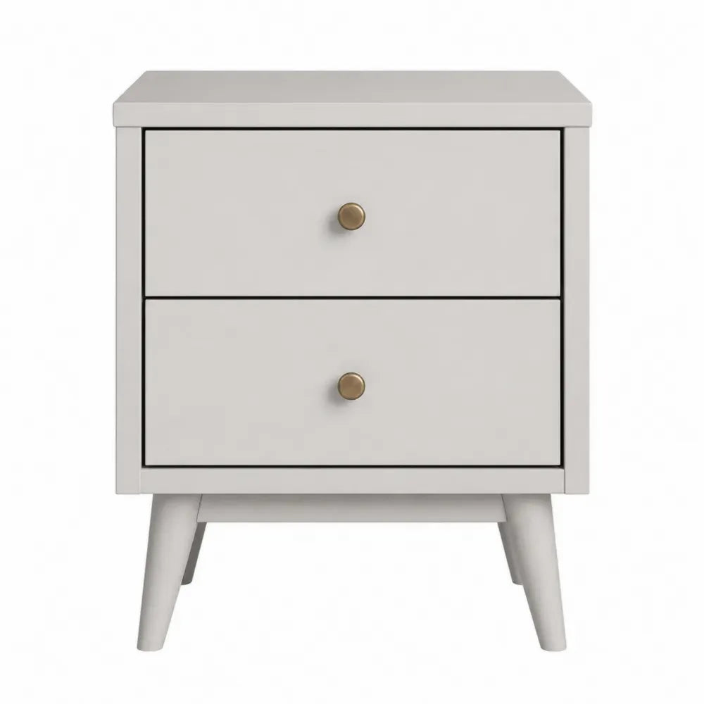 Mesita de noche rectangular de MDF blanco roto con 2 cajones tiradores dorados y patas inclinadas 45 x 40 x 55 cm