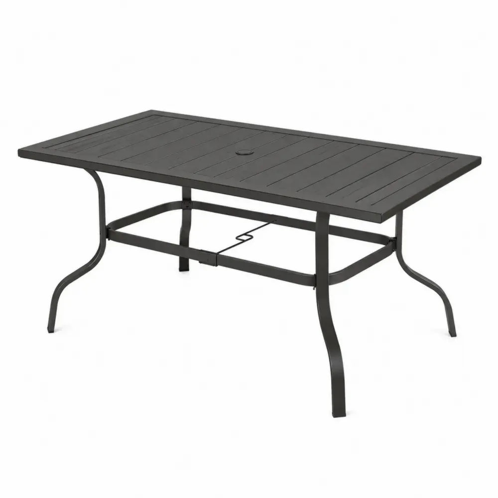 Mesa de comedor de exterior rectangular de acero con tablero de listones y orificio para sombrilla negra 160 x 90 x 74 cm