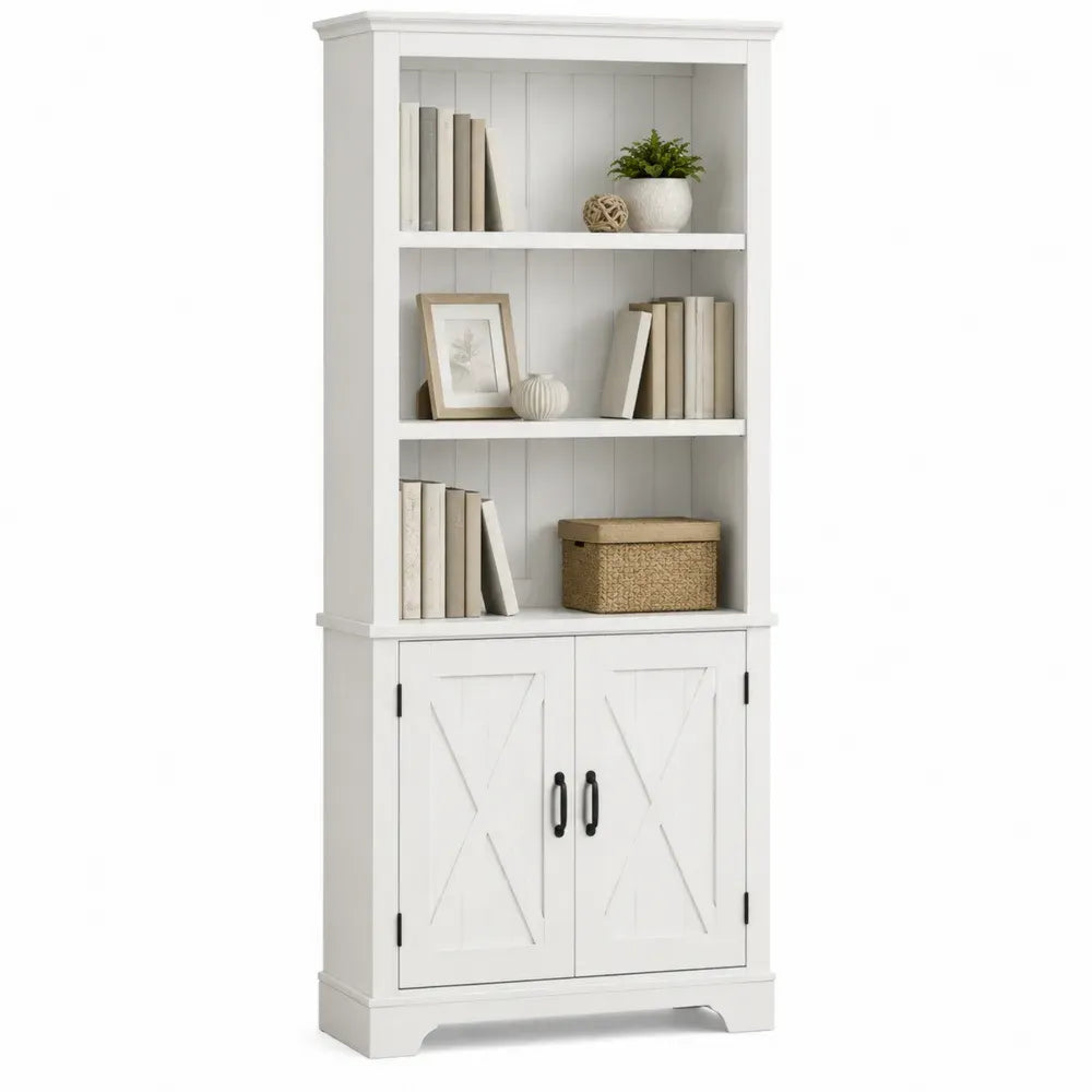 Librería estantería de oficina de 3 niveles con armario inferior MDF blanco y madera natural 80 cm x 30 cm x 180 cm