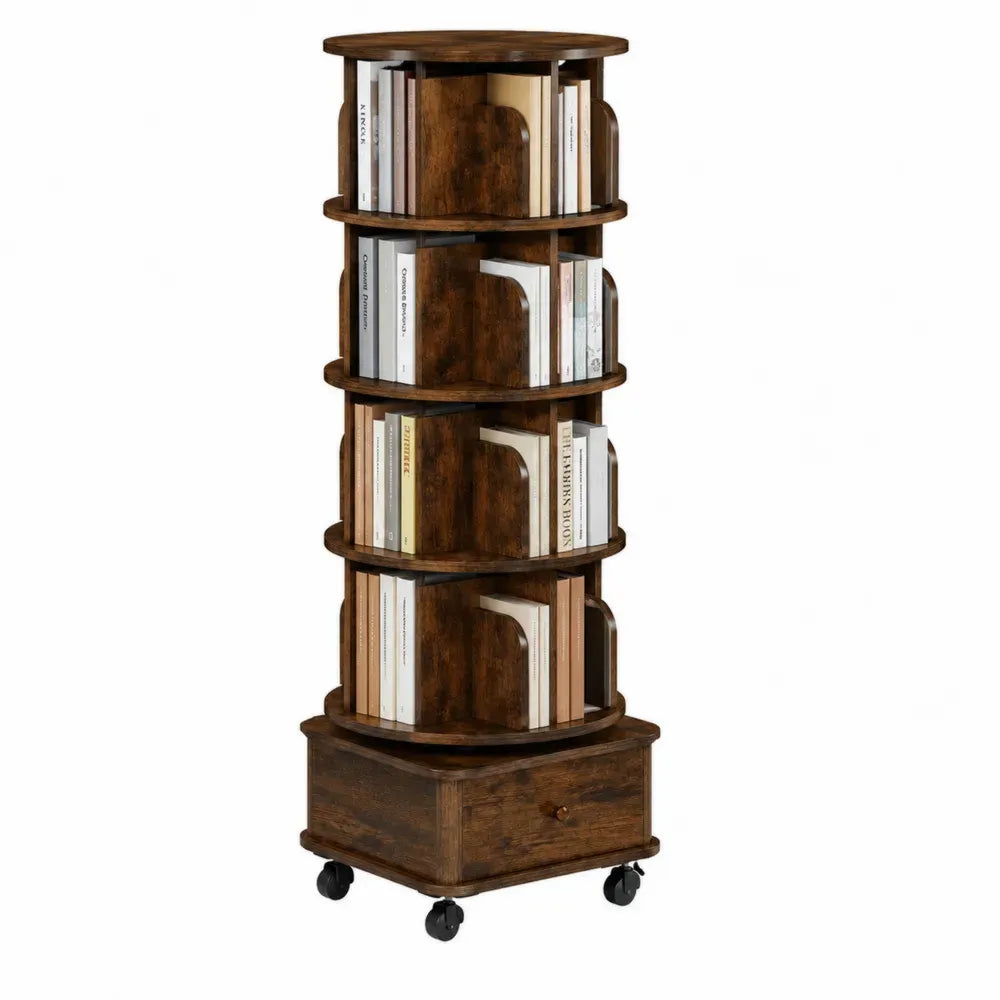 Librería giratoria vertical circular de MDF nogal oscuro con 4 niveles cajón inferior y ruedas 45 cm x 45 cm x 165 cm