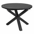 mesa de comedor de exterior redonda negra 120 cm diámetro x 75 cm altura con tablero de listones de madera y base metálica en cruz