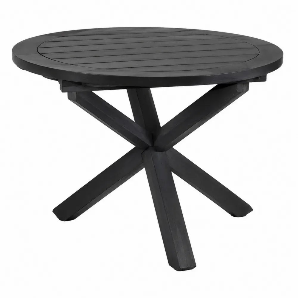 mesa de comedor de exterior redonda negra 120 cm diámetro x 75 cm altura con tablero de listones de madera y base metálica en cruz
