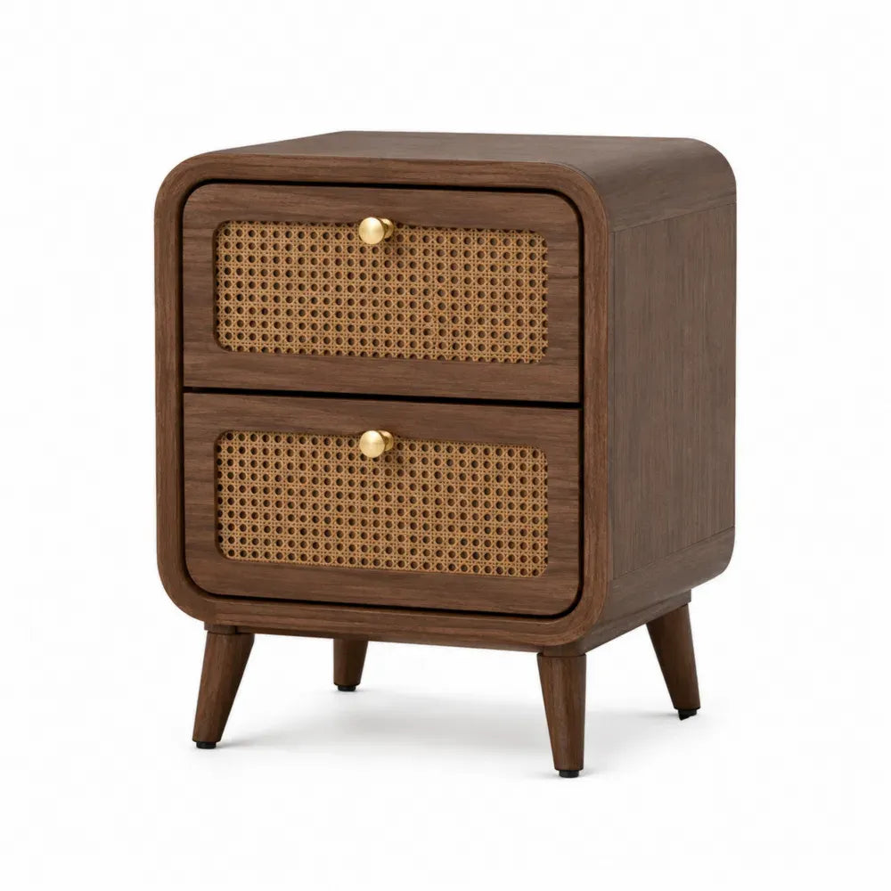 mesita de noche con 2 cajones madera MDF acabado nogal frontal de ratán natural patas de madera maciza 45 cm x 40 cm x 55 cm