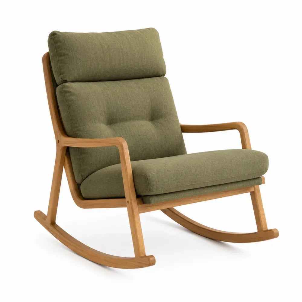 sillón mecedora tapizado en tejido verde estructura de madera maciza base curva de balanceo 70 cm 85 cm 85 cm