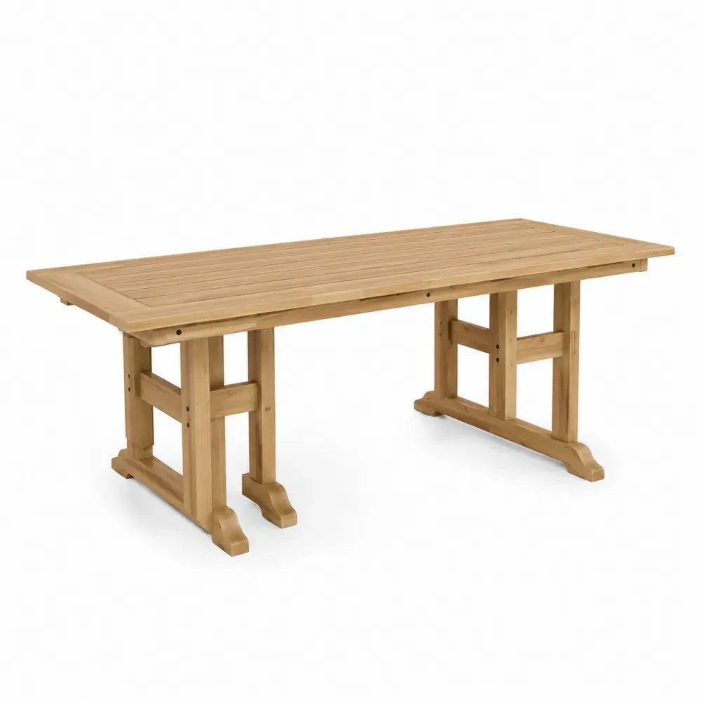 Mesa de comedor de exterior rectangular de madera maciza de acacia color natural con tablero de lamas 200 x 100 x 75 cm