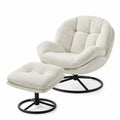 Sillón giratorio con reposapiés tapizado en poliéster bouclé beige con base metálica negra 85 x 85 x 78 cm