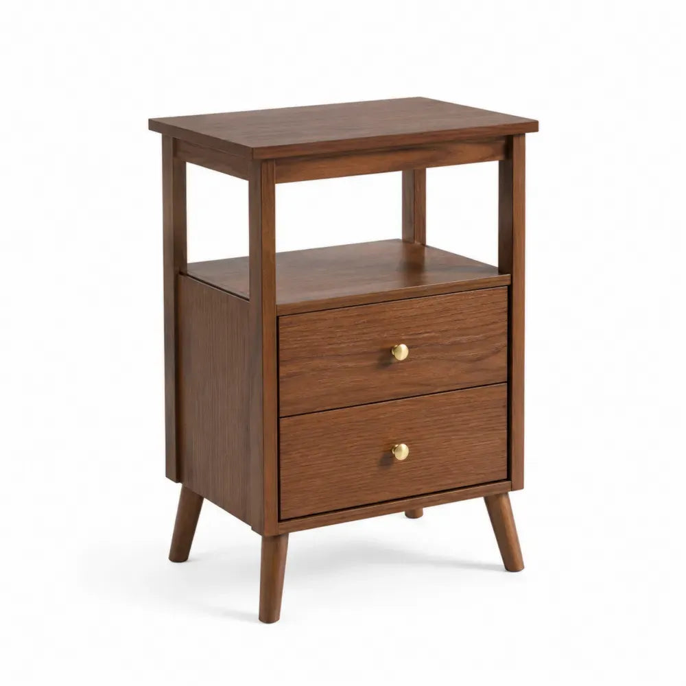 Mesita de noche rectangular de MDF efecto madera marrón con 2 cajones estante abierto tiradores dorados y patas inclinadas 45 x 40 x 55 cm